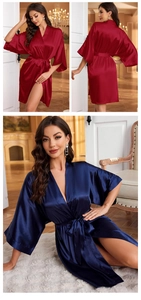 Detailed look at luxury satin robes in red and navy blue with elegant waist tie detail