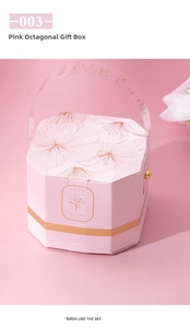 Pink octagonal gift box with floral prints and transparent handle for wedding favors
