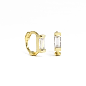 Detailed view of S925 sterling silver gold hoop earrings with rectangular cubic zirconia