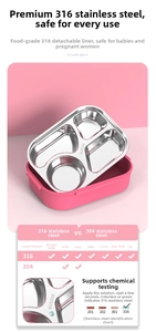 Detailed view of pink 316 stainless steel lunch box with four food compartments