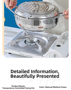 Détail de friteuse tempura en acier inoxydable 304 avec thermomètre sur réchaud