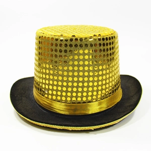 Detail of gold sequins on top hat with golden satin ribbon for stage performance