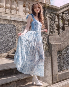 Detailed view of the blue floral print dress featuring tie-up straps and tiered skirt