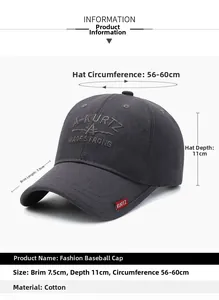 Détail de la casquette de baseball en coton gris foncé avec broderie et mesures