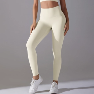 High waist light beige yoga leggings for women with elastic supportive compression fabric