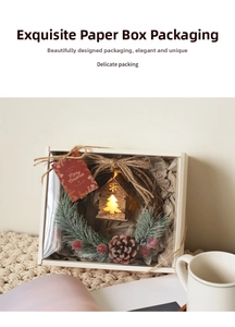 Detailed Christmas wreath with glowing wooden house and pine cones in a gift box