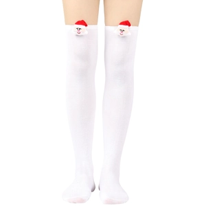 Close-up of white knit over-the-knee socks with festive Santa Claus applique detail