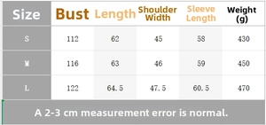 Detailed size chart for women jacket showing chest, length, and sleeve measurements in cm