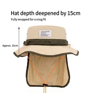 Chapeau de soleil beige avec protège-nuque, cordon orange et calotte profonde de 15 cm