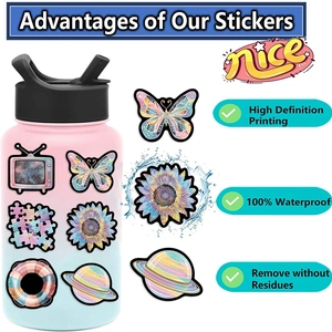 Waterproof butterfly and flower stickers on water bottle showing durable adhesion