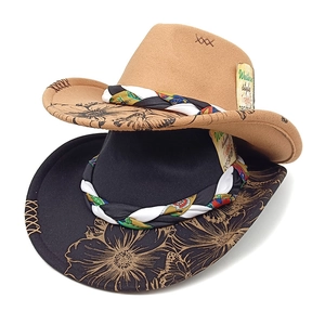Western wool felt cowboy hats with floral print brim and woven band in camel and black