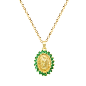 Elegant gold titanium steel necklace with oval portrait pendant and green rhinestones