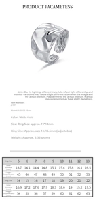 Detailed size chart for 925 sterling silver irregular open ring with measurements