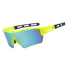 Detail view of fluorescent yellow rimless sports sunglasses with blue purple gradient lenses