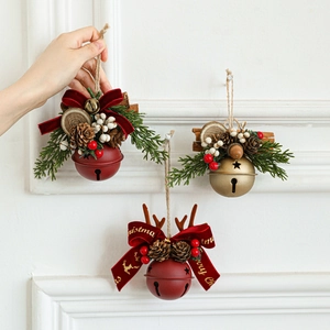 Christmas Hanging Bell Ornaments Metal Bells With Antlers Pine Cones Velvet Bow Cinnamon Sticks Holiday Xmas Tree Decor