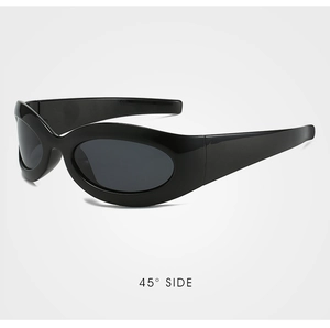 Polished black polarized cat-eye sunglasses shown from a 45-degree side angle view