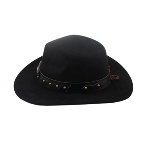 Close-up of black cowboy hat with leather band featuring gold rivets and diamond studs