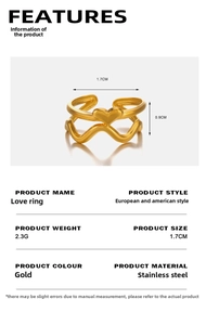 Detailed size chart of gold stainless steel heart ring with double-layered wave design