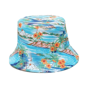 Tropical beach sun hat with palm tree prints and blue island patterns for summer vacations