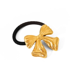Minimalist 18K gold plated stainless steel bow hair tie with textured metallic finish