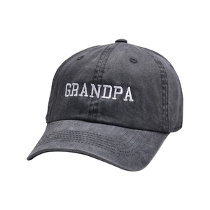 Close-up of GRANDPA white embroidery on dark grey washed denim baseball cap