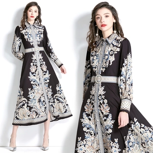 Robe Maxi Élégante À Manches Longues En Mousseline Motif Floral Paisley Col À Revers Simple Boutonnage Ceinturée Rétro