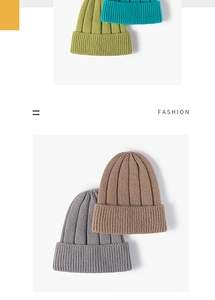 Close-up of four knitted beanies in avocado green, blue, dark grey, and brown colors