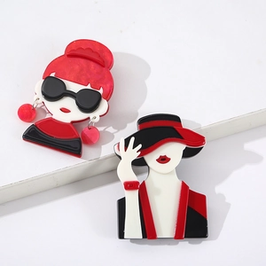 Creative glossy acrylic cartoon girl brooches in vibrant red and black fashion designs