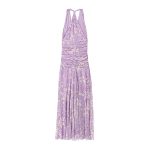 Floral purple halter neck maxi dress with pleated mesh and elegant open back design