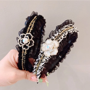 French style tweed headband with lace, pearls and camellia flower ornament