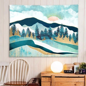 Arazzo moderno con montagne astratte blu e oro per decorazione murale della camera