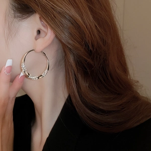 Close-up of twisted silver hoop earrings with pavé diamonds on a model's ear