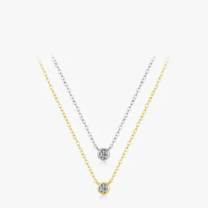 925 Sterling Silver Necklace Round Cubic Zirconia Pendant Minimalist Clavicle Chain Jewelry For Women