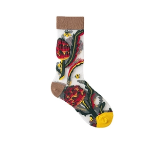 Sheer glass silk crew socks with floral embroidery and contrast toe in vintage style