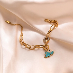 Gold chain bracelet featuring a blue enamel elephant pendant with zircon details