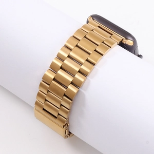 Golden stainless steel three-link band for Apple Watch with secure folding clasp