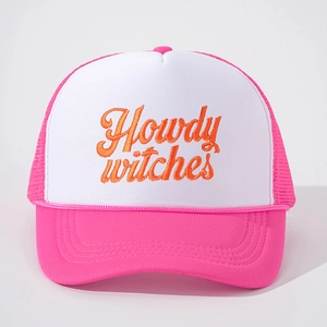 Pink and white Howdy Witches trucker hat with orange embroidery for women