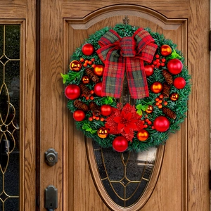 Artificial Christmas Wreath With Red Plaid Bow Poinsettia Flower Ornaments Pine Cones Home Door Window Wall Decoration