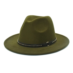 Detail of olive green wool fedora hat with black leather strap and gold metal rivets