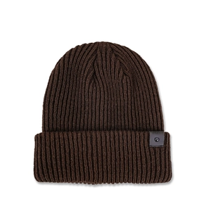 Detail of dark brown rib-knit beanie with a leather 'FAVORITE' patch and metal stud