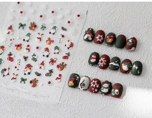 Detail of 3D embossed Christmas nail stickers with snowman and snowflake patterns