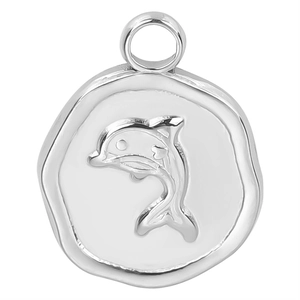 Polished silver stainless steel pendant with embossed dolphin design on white background