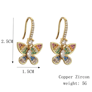 Detail view of colorful butterfly earrings with zircon inlay and product dimensions
