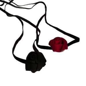 Elegant fabric rose choker necklace set featuring red and black satin floral pendants