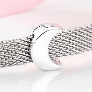 S925 sterling silver mesh watch chain bracelet with a crescent moon charm detail