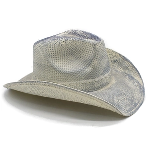 Close-up of dual-tone woven straw texture on a vintage western cowboy hat with curved brim