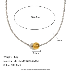 Minimalist 18K gold plated stainless steel bead chain necklace with detailed size specs