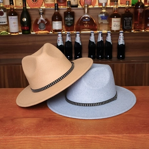 Classic wide brim wool fedora hat in khaki and light blue with sparkling rhinestone band
