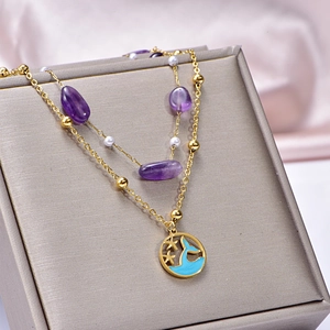 Double-layer ocean-style anklet with purple natural stones and blue whale tail charm
