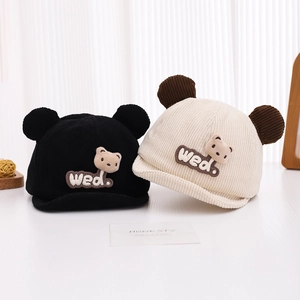 Bonnets d'hiver en velours côtelé avec oreilles d'ours pour bébés en noir et beige